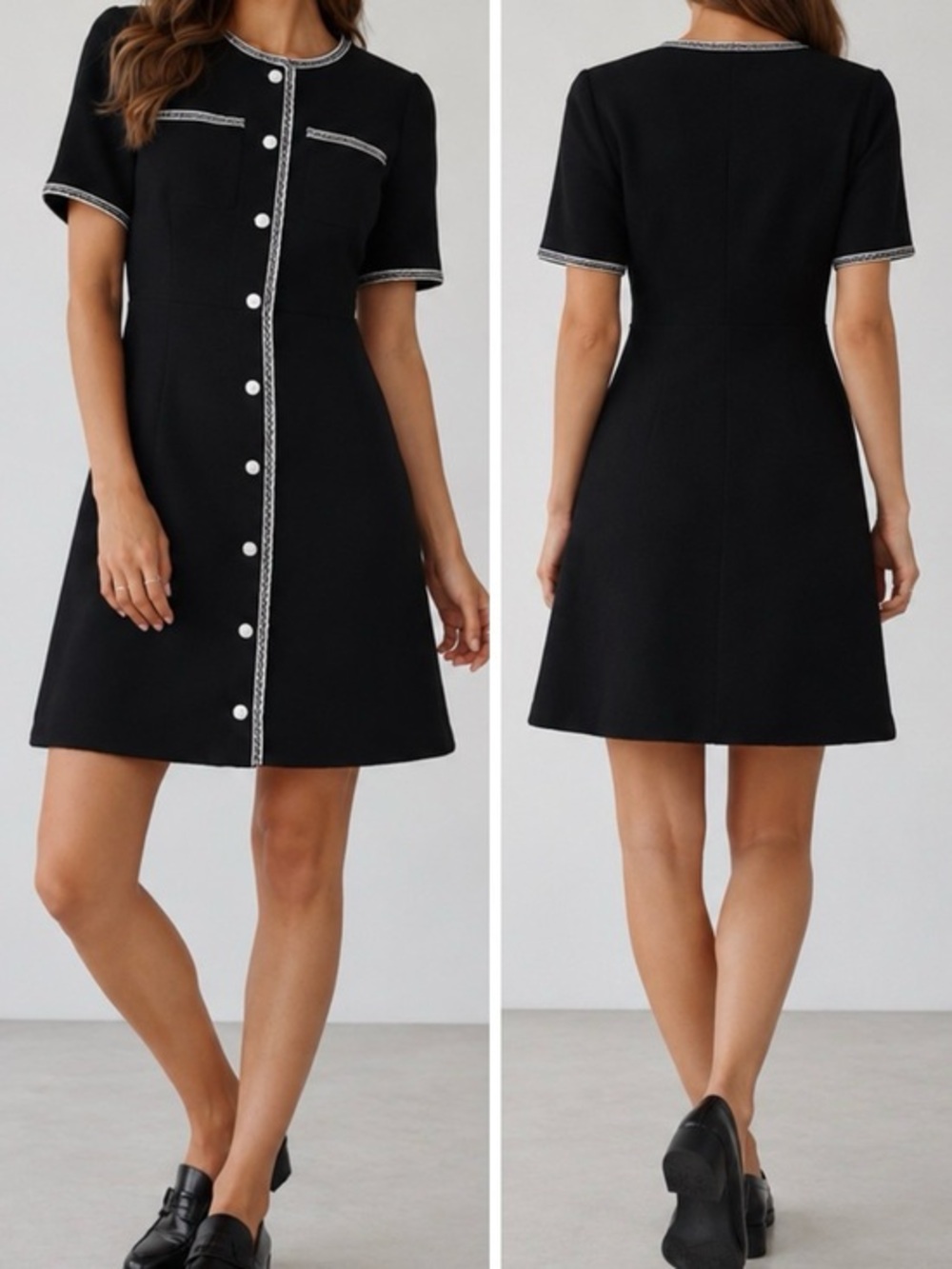 CeCe Black Tweed Button Front Feminine Chic Elegant Preppy Classic Mini Dress